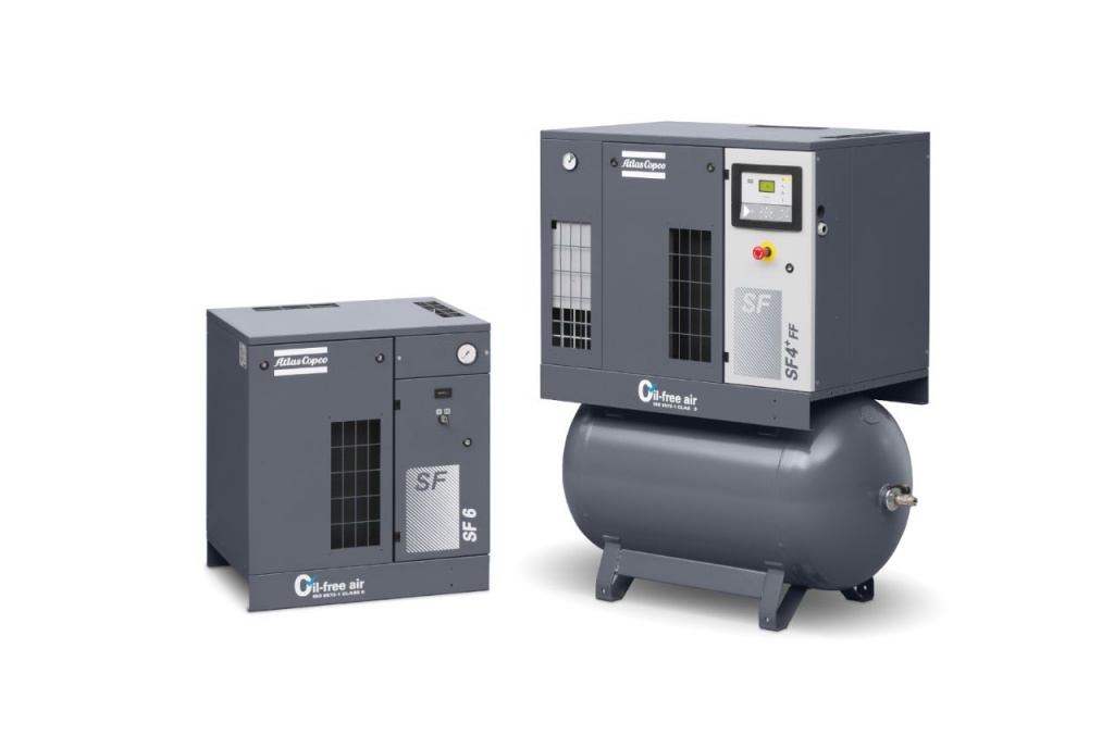 Безмасляные, спиральные компрессоры Atlas Copco SF. Слева на право: SF6, SF 4+ со встроенным осушителем, на ресивере 270 литров.