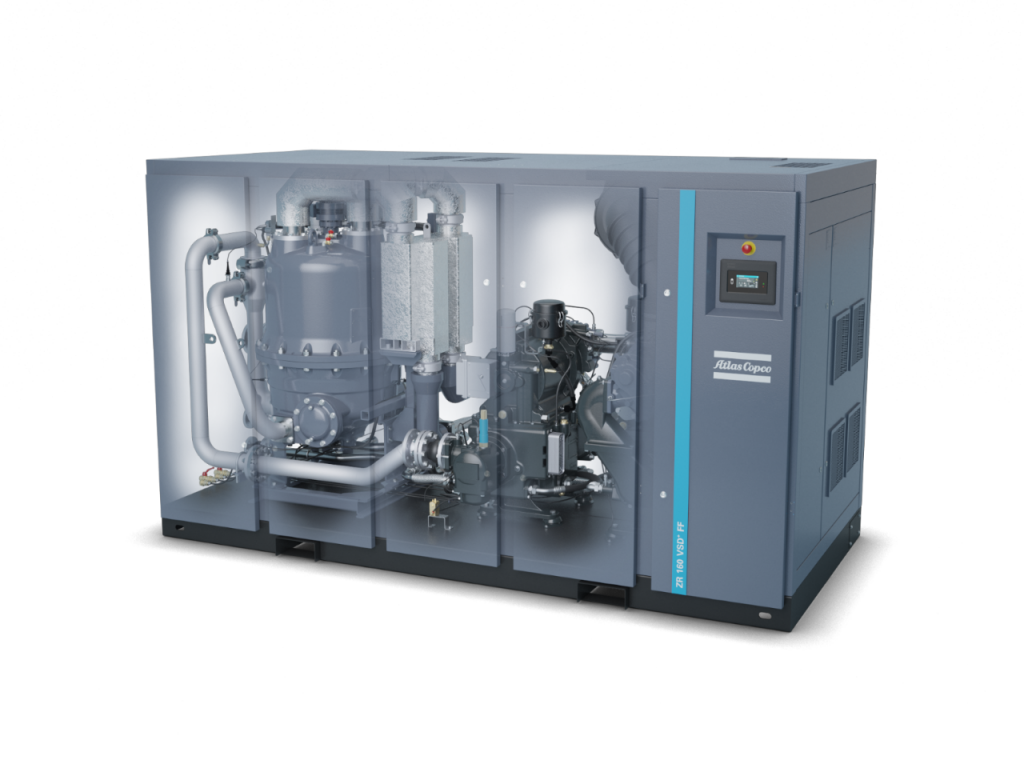 Зубчатый безмасляный компрессор Atlas Copco ZR160 VSD+ FF, со встроенным мембранным осушителем. Зубчатый безмасляный компрессор Atlas Copco ZR160 VSD+ FF, со встроенным мембранным осушителем.